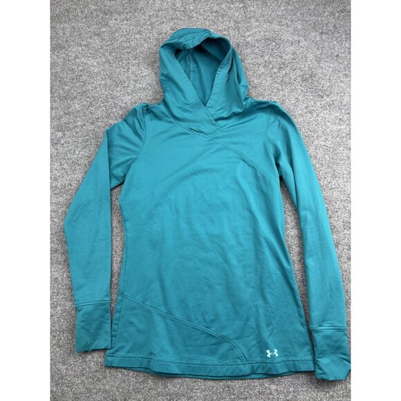 Under Armour Hoodie Womens Small Teal ColdGear Pullover Thumbholes Athletic - Picture 1 of 7